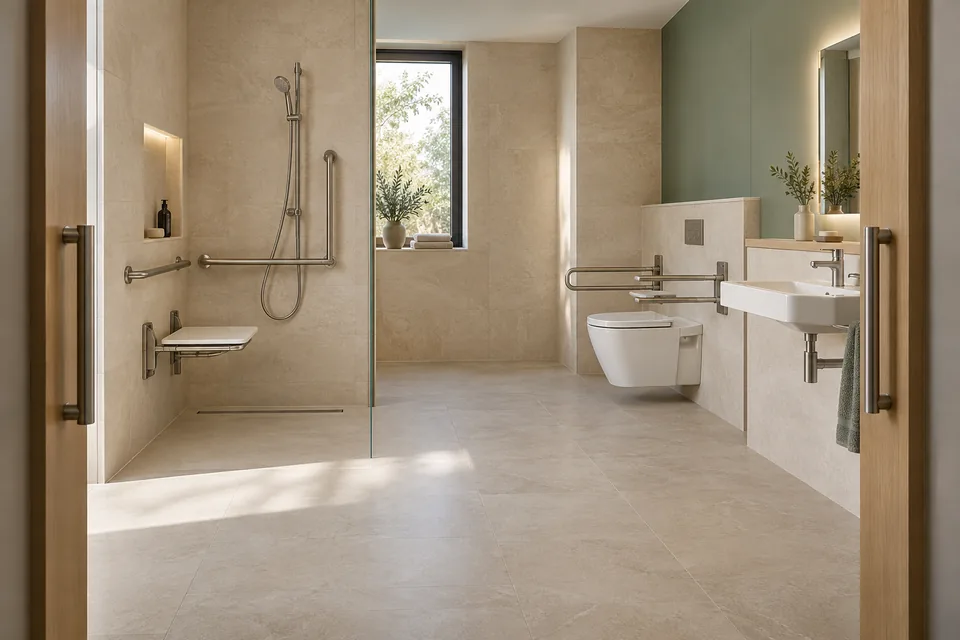 Care bathroom concept with open circulation space, shower seat, support rails and wall-hung basin