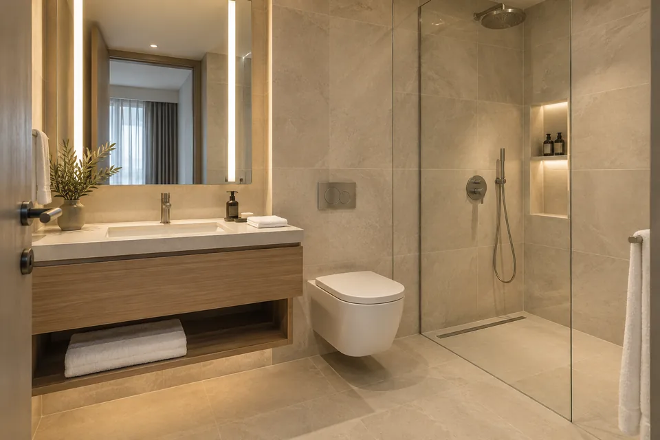 Hotel bathroom concept with limestone finishes, oak vanity, wall-hung WC and glazed shower