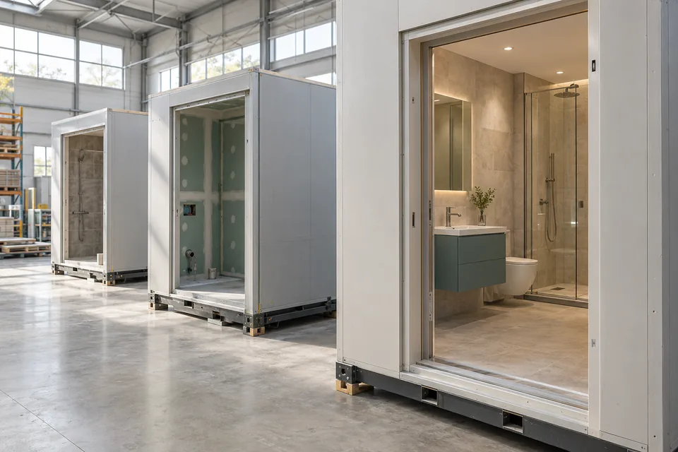 Concept of bathroom modules at different finishing stages in an offsite production hall