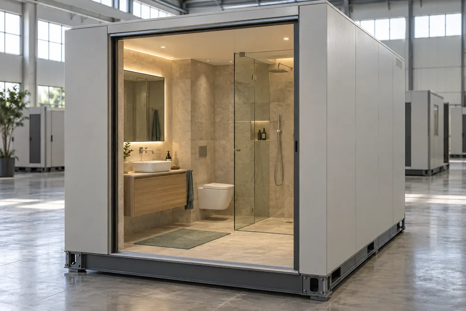 Concept of a finished bathroom pod on a transport base inside a factory hall