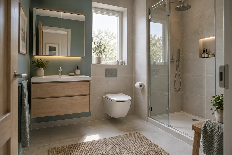 Apartment bathroom concept with storage vanity, muted teal wall and separate glazed shower