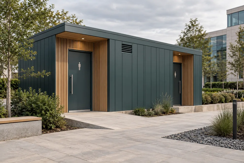 Standalone sanitary building concept with teal exterior panels and separate entrances