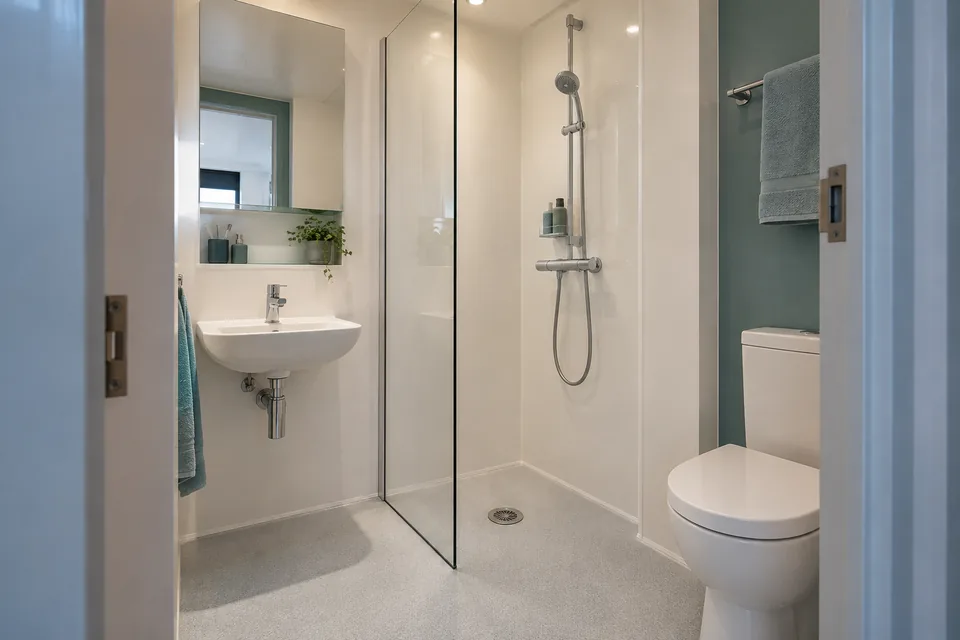 Compact student ensuite concept with smooth pale surfaces, basin, WC and divided shower area